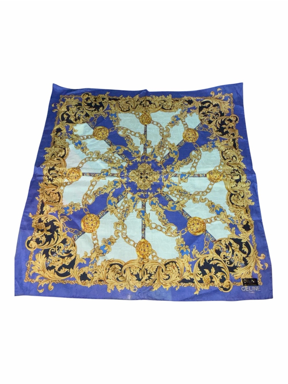 Celine Paris Vintage Silk Square Scarf Royal Blue Gold Chain Baroque Pristine